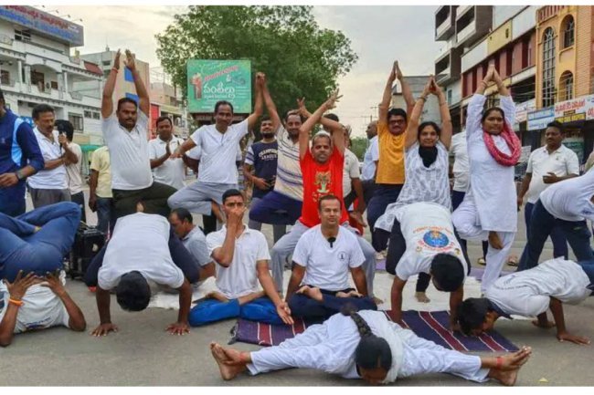 An organized yoga walk in Mancherial