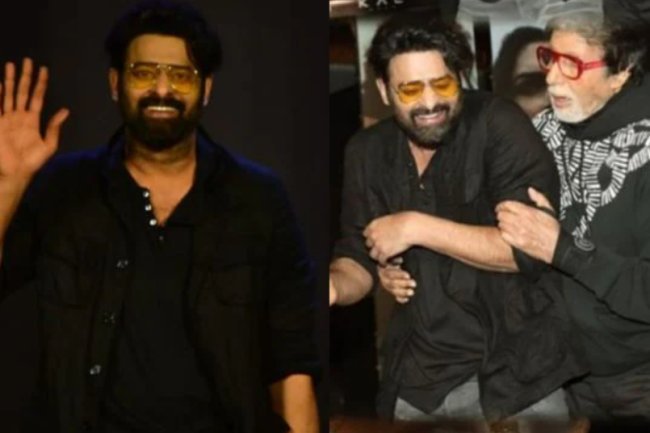 As the Baahubali star protests, Amitabh Bachchan claims that he and Prabhas "touch each other's feet."