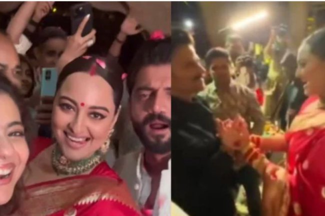 Sonakshi Sinha and Zaheer Iqbal, newlyweds, match steps with Kajol and Anil Kapoor in their first dance on "Afreen Afreen," which becomes viral.
