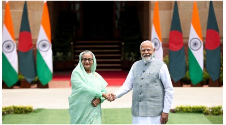 PM Modi meets Bangladesh's Sheikh Hasina at Hyderabad House today.