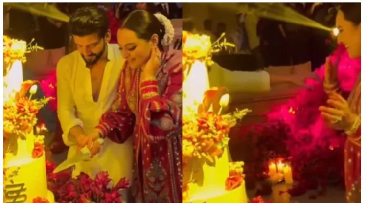 "Sonakshi and Zaheer dance, cut cake with their initials."