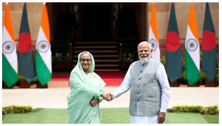 PM Modi meets Bangladesh's Sheikh Hasina at Hyderabad House today.