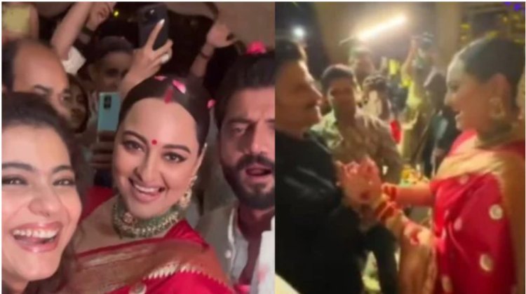 Sonakshi Sinha and Zaheer Iqbal, newlyweds, match steps with Kajol and Anil Kapoor in their first dance on "Afreen Afreen," which becomes viral.