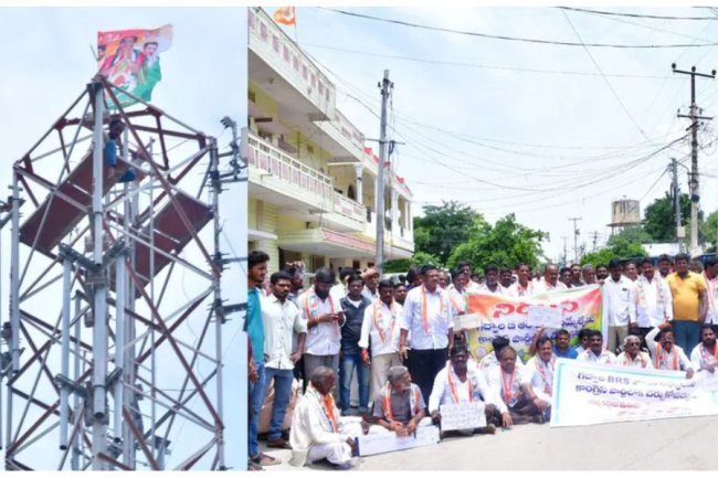 Congress protester scales tower against BRS leaders' admission.
