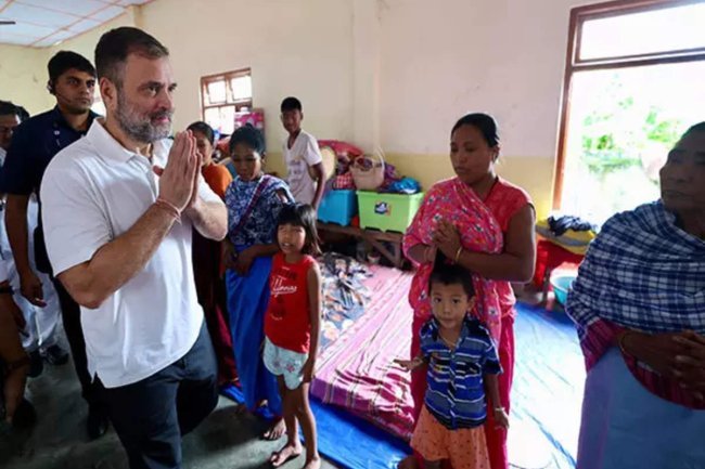 Rahul Gandhi speaks with victims of ethnic violence while visiting relief camps in Manipur.