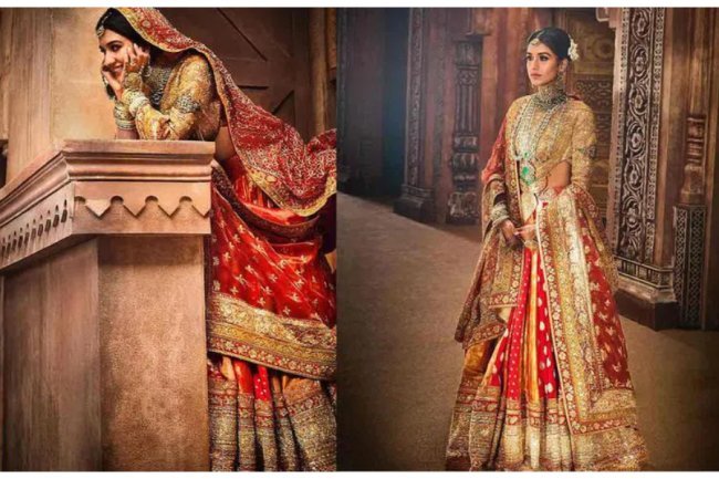 Magnificent in gold embroidery is Radhika Merchant. Lehenga Vidai