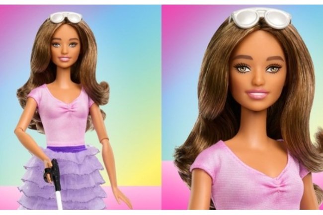 "Mattel releases Barbie for the blind with cane and braille."