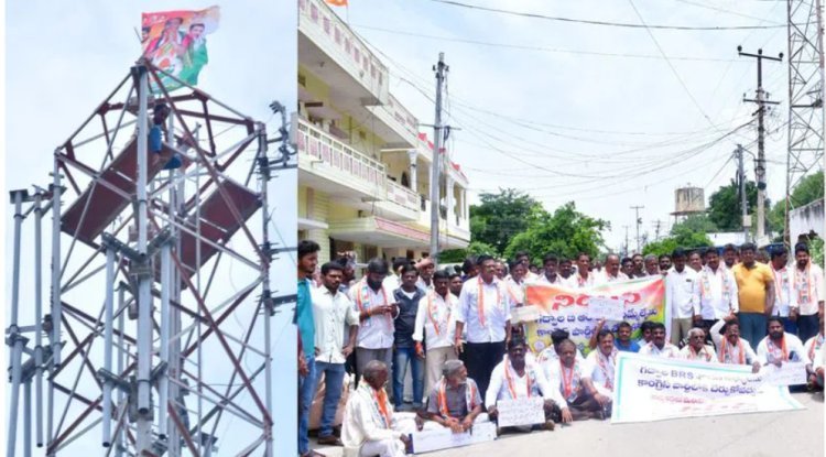 Congress protester scales tower against BRS leaders' admission.