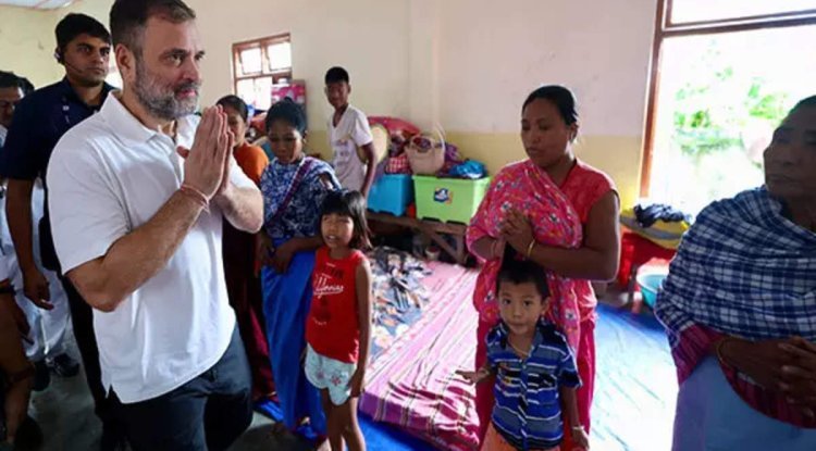 Rahul Gandhi speaks with victims of ethnic violence while visiting relief camps in Manipur.