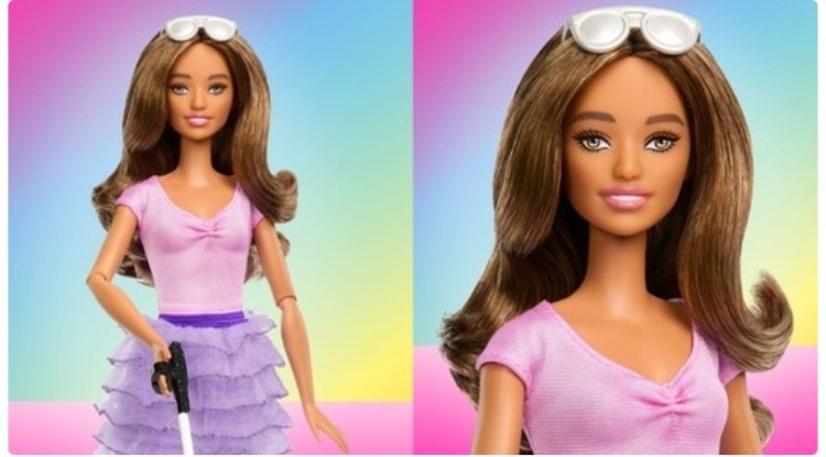 "Mattel releases Barbie for the blind with cane and braille."