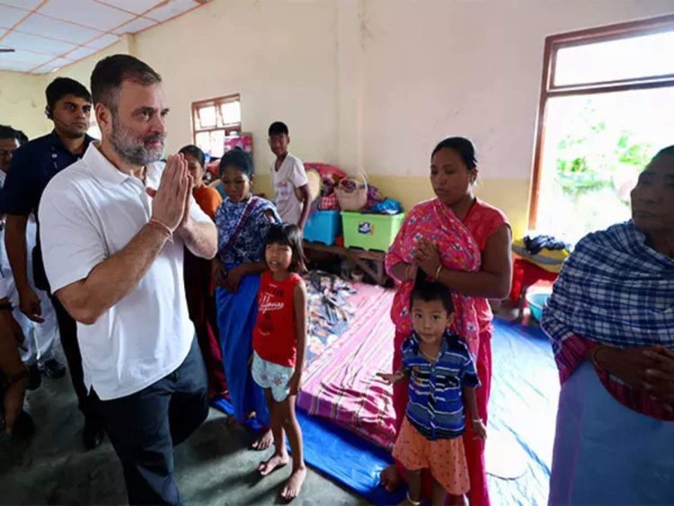 Rahul Gandhi speaks with victims of ethnic violence while visiting relief camps in Manipur.