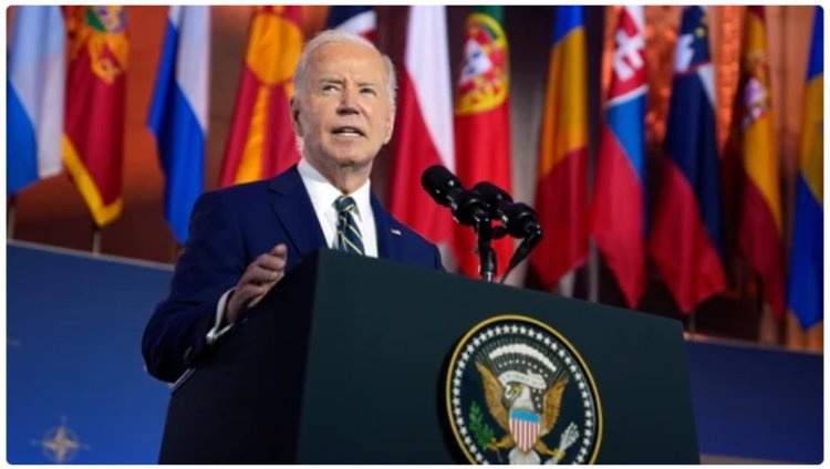 Biden reads from teleprompters at NATO summit speech.