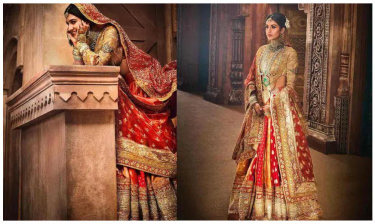 Magnificent in gold embroidery is Radhika Merchant. Lehenga Vidai