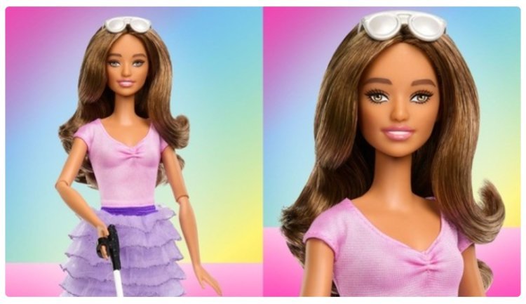 "Mattel releases Barbie for the blind with cane and braille."