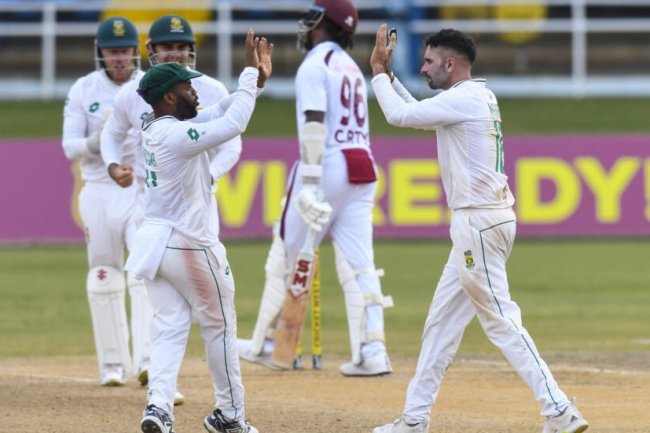 Keshav Maharaj of South Africa limits the West Indies on a wet third day of the test.