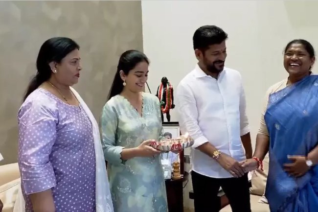 Telangana: Female leaders gift CM Revanth a Rakhi.