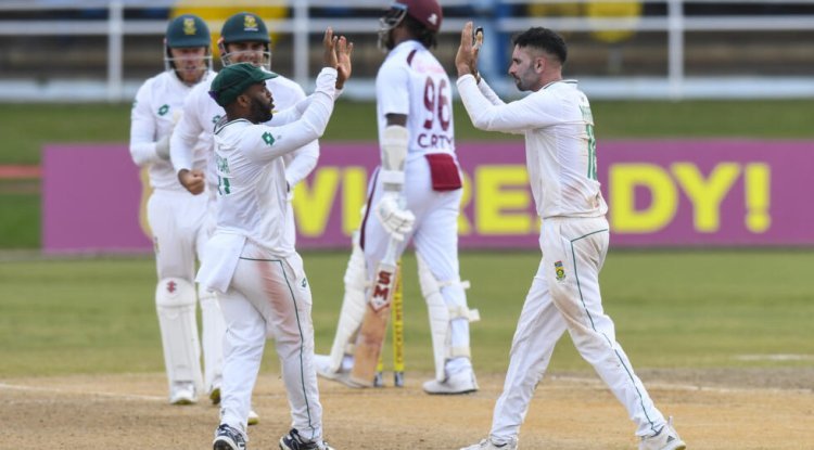 Keshav Maharaj of South Africa limits the West Indies on a wet third day of the test.