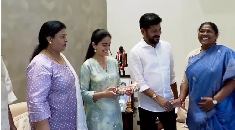 Telangana: Female leaders gift CM Revanth a Rakhi.
