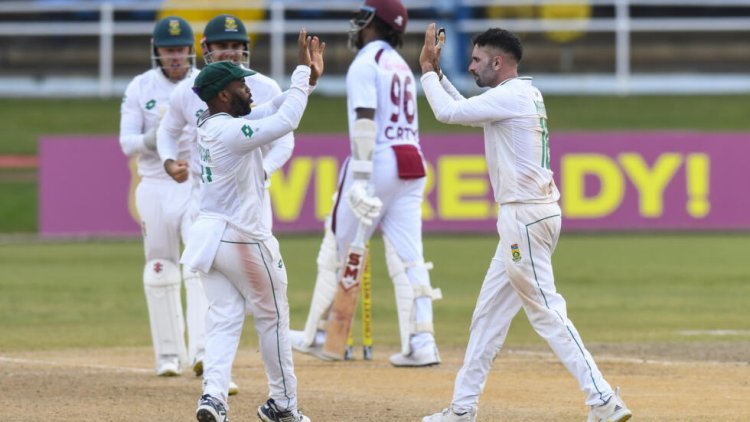 Keshav Maharaj of South Africa limits the West Indies on a wet third day of the test.